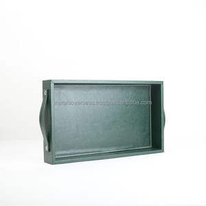 Bandeja de servicio rectangular de polipiel verde oscuro con asas laterales curvas Bandeja de servicio decorativa moderna - Product Image 3