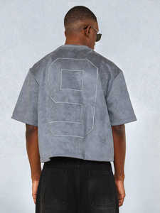 เสื้อยืดสีเทาฟอกทรงโอเวอร์ไซส์สำหรับผู้ชาย ขายส่ง เสื้อผ้าใส่สบาย รับทำโลโก้ ผ้าคอตตอนหนา สตรีทแวร์ รับผลิตแบรนด์ส่วนตัว OEM - Product Image 4