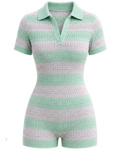 Mono de punto a rayas verde menta y blanco para mujer, manga corta, cuello polo, algodón, informal de verano, de una pieza, ajustado, personalizado - Product Image 5