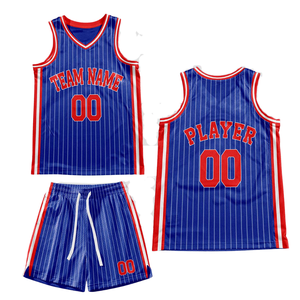 Conjunto de Uniforme de Baloncesto Retro Personalizado con Rayas Azules, Jersey con Borde de Texto Rojo y Blanco, Pantalones Cortos, Diseño Retro con Nombre y Número del Equipo - Product Image 2