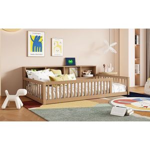 Letto a pavimento in legno marrone Twin XL con armadietti contenitore e porte USB - Prodotto per letti per bambini - Product Image 6