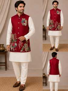 <b>Men's</b> Navy Blue Embroidered <b>Vest</b> With <b>White</b> Kurta Regular Fit Traditional Wear India Pakistan Style Wedding All Seasons - Product Image 4