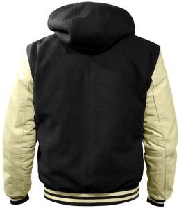 Veste universitaire pour homme en gros, corps en laine noire et manches en cuir crème, boutons-pression, style décontracté - Product Image 3