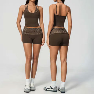 Women's 2 Piece Yoga Set Padded Halter Neck Longline <b>Top</b> Fold Over Waistband Polka Dot Striped Biker Shorts Gym Activewear - Product Image 1