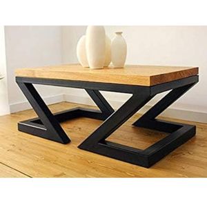 Table basse en bois massif d'acacia naturel avec base en métal géométrique noir pour salon, maison, hôtel - Product Image 5