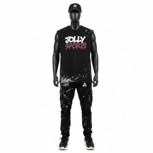 Conjunto de pantalón y camiseta sin mangas para hombre, tela de mezcla de algodón transpirable de alta calidad, negro, estampado personalizado, camiseta sin mangas y pantalón para hombre - Product Image 6