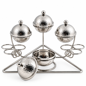 Ensemble de service à condiments en acier inoxydable martelé avec 3 bols à couvercles et support métallique – Décoration élégante pour table, idéal pour fruits secs et snacks - Product Image 1