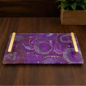 Rectangular Purple Marble <b>Storage</b> Tray With Gold Handles Modern Design Living Room <b>Tabletop</b> Accessory - Product Image 5