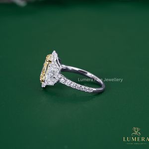 Fancy Yellow Oval Cut Lab Grown <b>Diamond</b> Halo Three Stone Engagement <b>Ring</b> 18K White Gold for Women - Product Image 3