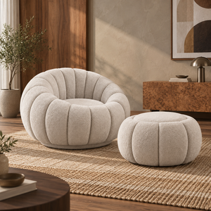 Fauteuil capitonné moderne en forme de citrouille avec pouf assorti en tissu microfibre marron pour le mobilier de salon - Product Image 4