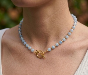 Collier ras du cou en perles d'aigue-marine bleue naturelle de qualité AA de 6 mm avec fermoir à bascule en or 14 carats, véritable pierre précieuse, cristal de guérison, vente en gros - Product Image 5
