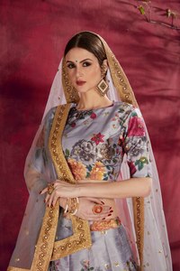 Floral Print <b>Art</b> Silk Lehenga Choli Dupatta Zari <b>Sequin</b> Embroidery Ethnic Wedding Evening Dress for Women - Product Image 3