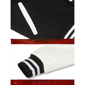 เสื้อแจ็คเก็ตวาร์ซิตี้แบบไฮบริดสีดำขาว แขนหนังสีขาว ติดกระดุมด้านหน้า แต่งแถบยางยืดลายทาง  ชุดทีม Letterman สำหรับวิทยาลัย สหรัฐอเมริกา - Product Image 6