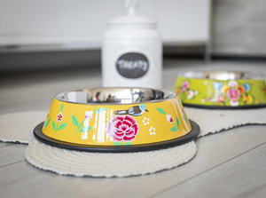 Bol pour chien à base en caoutchouc antidérapant jaune avec mangeoire pour animaux de compagnie en acier inoxydable de conception peinte à la main pour une alimentation facile - Product Image 2