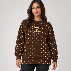 Sweat-shirt à col rond pour femme, couleur marron chocolat, avec pois jaunes dorés sur toute la surface, manches longues, logo personnalisé - Product Image 1