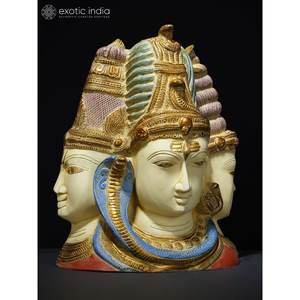 Sculpture de buste Tri-Dev colorée de 11.5 pouces en laiton avec Devi sur le dos pour la maison, les cadeaux et le temple fabriqués en Inde - Product Image 3