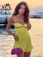 Robe de plage mini à bretelles et à lacets, avec garniture à paillettes, robe de plage, couverture, style polynésien, marque privée OEM
