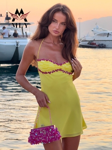 <span class=keywords><strong>Robe</strong></span> de plage mini à bretelles et à lacets, avec garniture à paillettes, <span class=keywords><strong>robe</strong></span> de plage, couverture, style polynésien, marque privée OEM - Product Image 1