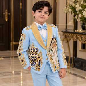 Traje de Esmoquin para Niño, Bordado a Mano, Azul Rey con Perlas Doradas, Blazer con Cuentas, Diseño de Alta Costura, Ropa Formal para Niños, Traje de Tres Piezas para Bodas y Fiestas - Product Image 1