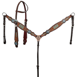 Ensemble de têtière et de collier de poitrail Diamond Bloom avec accents turquoise, pour une seule oreille, avec rênes, équipement de cheval western haut de gamme fait main en cuir véritable - Product Image 3