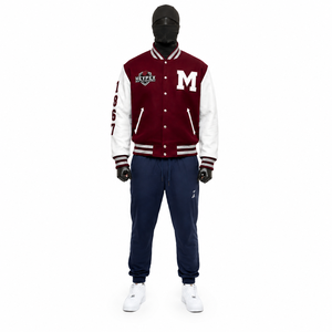 Chaqueta Varsity Personalizada OEM de Lana Reciclada de Alto Gramaje con Mangas de Cuero Genuino de Vaca para Hombre, Estilo Universitario Urbano Relajado - Product Image 1