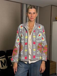 Boho Chic Suzani Floral Embroidery 100% Cotton Autumn <b>Winter</b> <b>Quilted</b> Canvas Handmade Button Finished Eco-Friendly Regular Jacket - Product Image 2
