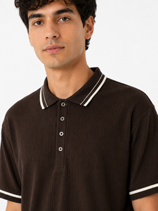 Premium <b>Men's</b> <b>Brown</b> Ribbed for Shirt 100% Cotton Textured Blank Design Breathable Half Sleeve Casual Classic Collared - Product Image 4