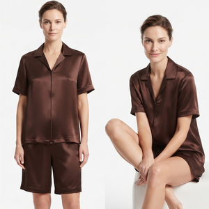 Women Satin Short Sleeve Shirt Shorts Set 100% Silk Zipper Shirts Sleepwear Shorts Two Piece Nightwear Shirt Pajama Sets Ladies - Product Image 1