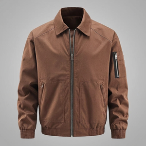 Men's Brown Varsity <b>Jacket</b> Leather Zipper Closure Casual Autumn Wear Regular Fit Stand Collar Solid Color <b>Waterproof</b> <b>Thin</b> Satin - Product Image 4