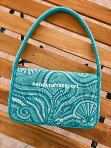 Sac à bandoulière fait main en perles turquoise pour femmes, motif vague océanique et coquillages, sangle durable, couleurs personnalisées disponibles - Product Image 2