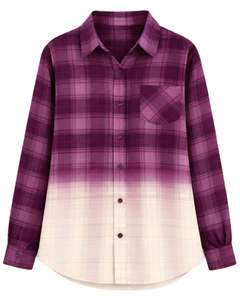 Chemise en flanelle à carreaux violet ombré personnalisée pour femme, manches longues, boutonnée, décontractée, en mélange de coton, pour l'automne et l'hiver - Product Image 1