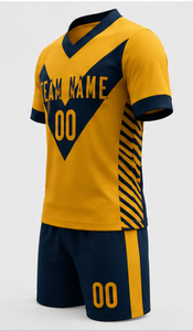 Ensemble de maillots de football personnalisés à col en V, bleu marine et jaune, imprimés par transfert thermique 3D, séchage rapide, respirant, polyester, manches courtes, unisexe, pour équipe - Product Image 4