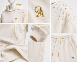 Luxury <b>Womens</b> <b>Cream</b> Pearl Embellished Hoodie Jogger Tracksuit Premium <b>Fleece</b> OEM ODM Custom Streetwear Apparel Set - Product Image 5