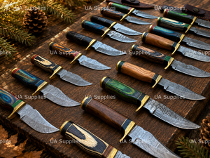 Cuchillo de caza de hoja fija de acero de Damasco forjado a mano DIY OEM de venta caliente con mango de madera Pakka y funda de cuero, afilado como una navaja. - Product Image 4