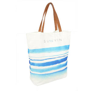 Sun Yin <b>Canvas</b> Tote Bag Large Size Striped <b>Blue</b> Watercolor Pattern Top Handle Shoulder Length Beach Shopping Bag - Product Image 3