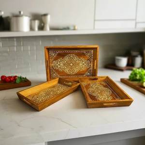 Wooden Serving Trays White Mandala Print Nesting <b>Kitchen</b> <b>Decor</b> - Product Image 1