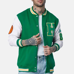 Veste universitaire verte pour hommes Perfectionists, manches blanches, logo H brodé, fermeture boutonnée, coupe classique, col rond, coupe-vent d'hiver, 3D - Product Image 1