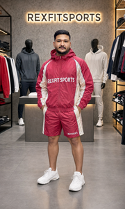 ชุดวอร์มกันลมไนลอนสีแดงครีมแบบกำหนดเองสำหรับผู้ชาย REXFIT SPORTS 2026 ชุด 2 ชิ้น เสื้อแจ็คเก็ตมีฮู้ดแบบซิป กางเกงขาสั้น ชุดกีฬาแบรนด์ส่วนตัว - Product Image 2