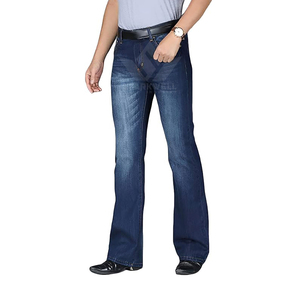 Men's Dark Indigo Bootcut Denim Jeans Mid Rise Regular Fit <b>Stretch</b> Full Length Washed Cotton Five Pocket Casual Everyday Wear - Product Image 1