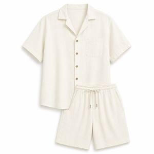 Ensemble de pyjama décontracté pour homme en mélange de lin teint en pièce, chemise à manches courtes à col et short à taille élastique, tenue d'été pour la détente et le sommeil - Product Image 2