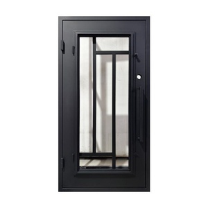 Porte d'entrée contemporaine en fer forgé avec panneaux de verre géométriques et un design résistant à la rouille, adaptée à une utilisation extérieure - Product Image 1