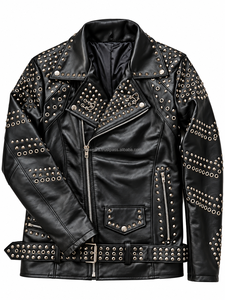 Chaqueta de moto de cuero genuino para mujer MH, manga larga, decorada con remaches, cierre de cremallera, cuello vuelto, estilo otoñal - Product Image 2