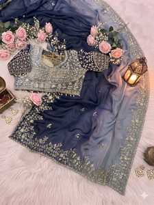 Elegante satén de seda pura para fiestas nupciales y bodas con blusa exclusiva y elegante, sari femenino de gran venta para festivales, llamativo. - Product Image 4