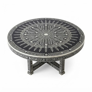 Table d'appoint moderne personnalisée bleue et blanche à rayures, incrustation osseuse, tabouret d'appoint de luxe fait main en forme de sablier, table basse pour salon - Product Image 5