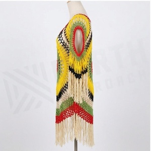 Women's Crocheted Boho Tassel Dress Round Neck Geometric <b>Pattern</b> Hollow Out Handmade Beachwear 100% Acrylic - Product Image 3