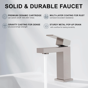 Rubinetto Monocomando Moderno per Lavabo Bagno in Ottone Massiccio, Robusto, con Foro Singolo a V, Finitura Nichel Spazzolato - Product Image 3