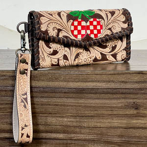 <b>Women</b>’s Handmade Tooled Floral Carved Genuine Leather <b>Women's</b> Clutches Cute Cherry Design Wristlet Evening <b>Card</b> Holder <b>Wallet</b> - Product Image 4