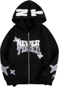 Sudadera con capucha extragrande con cremallera y estampado gráfico, estilo casual urbano, mezcla de algodón premium, con cremallera completa, unisex, a la moda. - Product Image 2