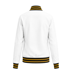 Custom <b>White</b> Varsity Jacket with Black and Gold Striped Ribbed Collar Cuffs Hem Greek Letter Embroidery Crest Logo Collegiate Le - Product Image 3