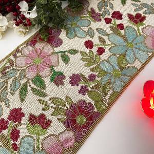 Handmade Embroidered Fabric Table <b>Runner</b> Rectangle <b>Green</b> Leaf Design Luxury Eco-Friendly Decorative Mat - Product Image 3